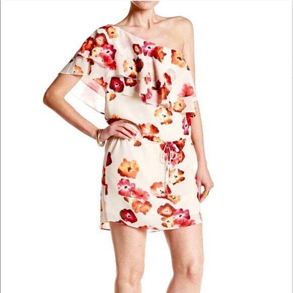Haute Hippie Floral One Shoulder Dress Ruffle L - Picture 1 of 6